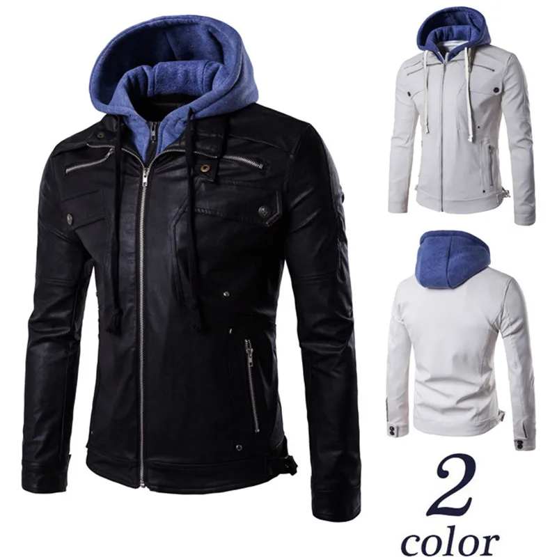 

Men's Casual Winter Warm Leather Biker Jackets And Coats With Hood Fleece Lined PU Outerwear Thick Thermal Overcoat