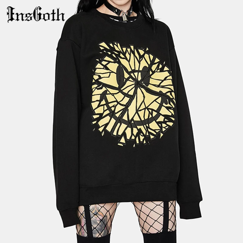 InsGoth Goth Smile Emo Graphic Print Sweatshirts Y2K Harajuku Punk