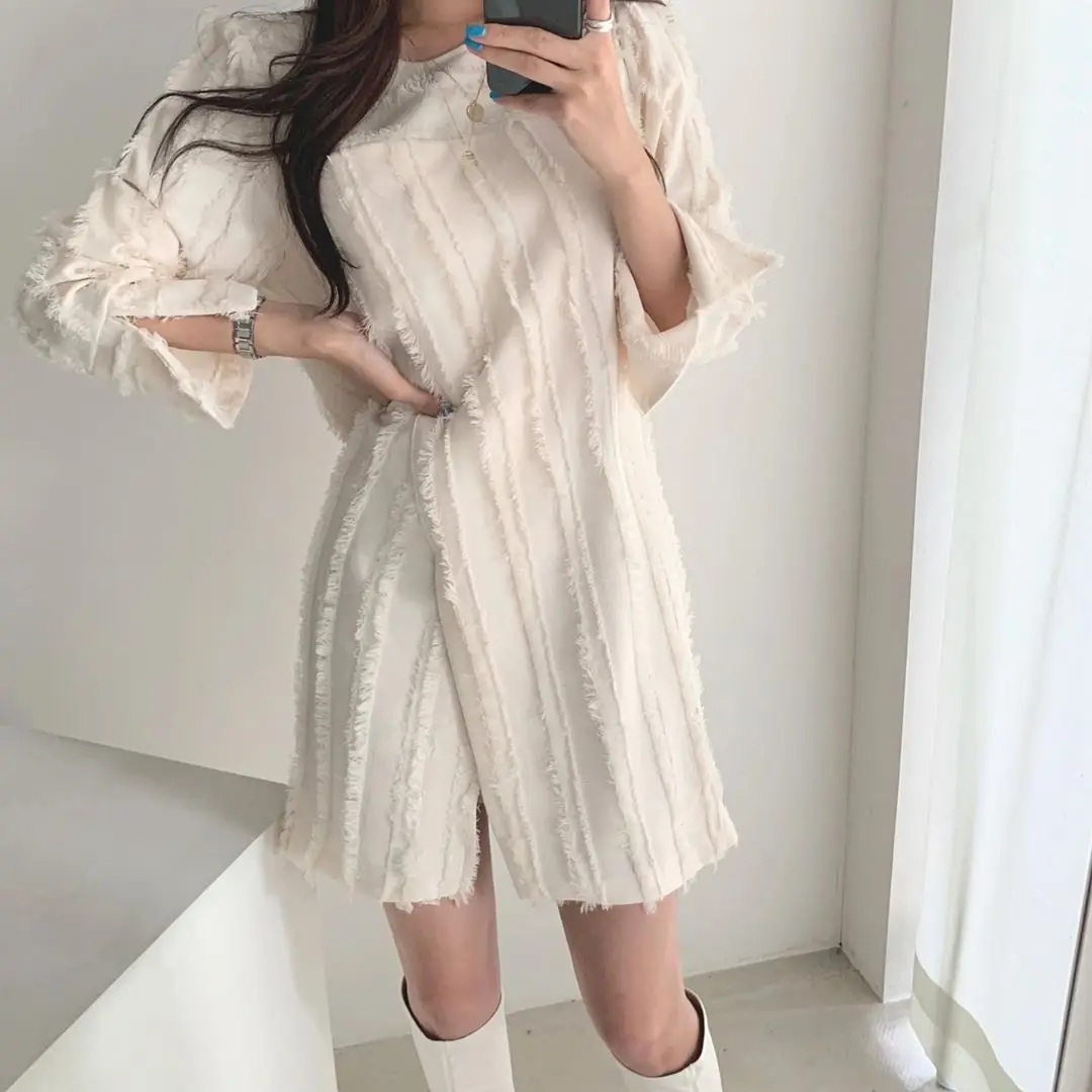 

Women Sexy Mini Shirt Dress Long Sleeve O-neck Split Loose Straight Solid Color Elegant Korean Autumn Winter Casual Ropa Mujer