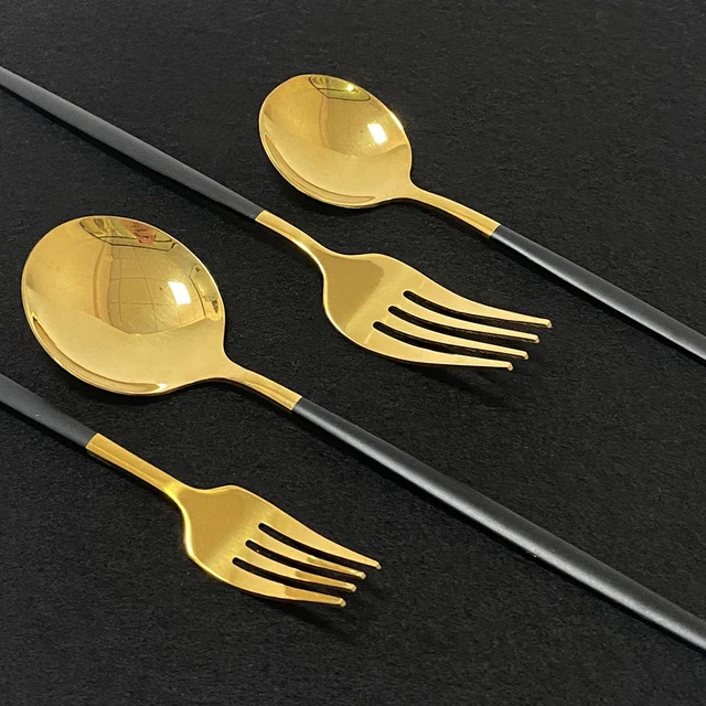 24 pz manico nero Set di posate dorate coltello in acciaio inox forchetta  cucchiaio stoviglie posate Set Festival cucina stoviglie regalo