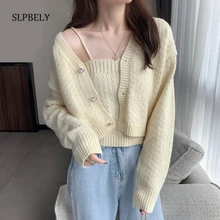 Slpbely feminino duas peças conjunto de camisola primavera outono casual solto decote em v recortado cardigan e malhas topos de tubo coreano malhas