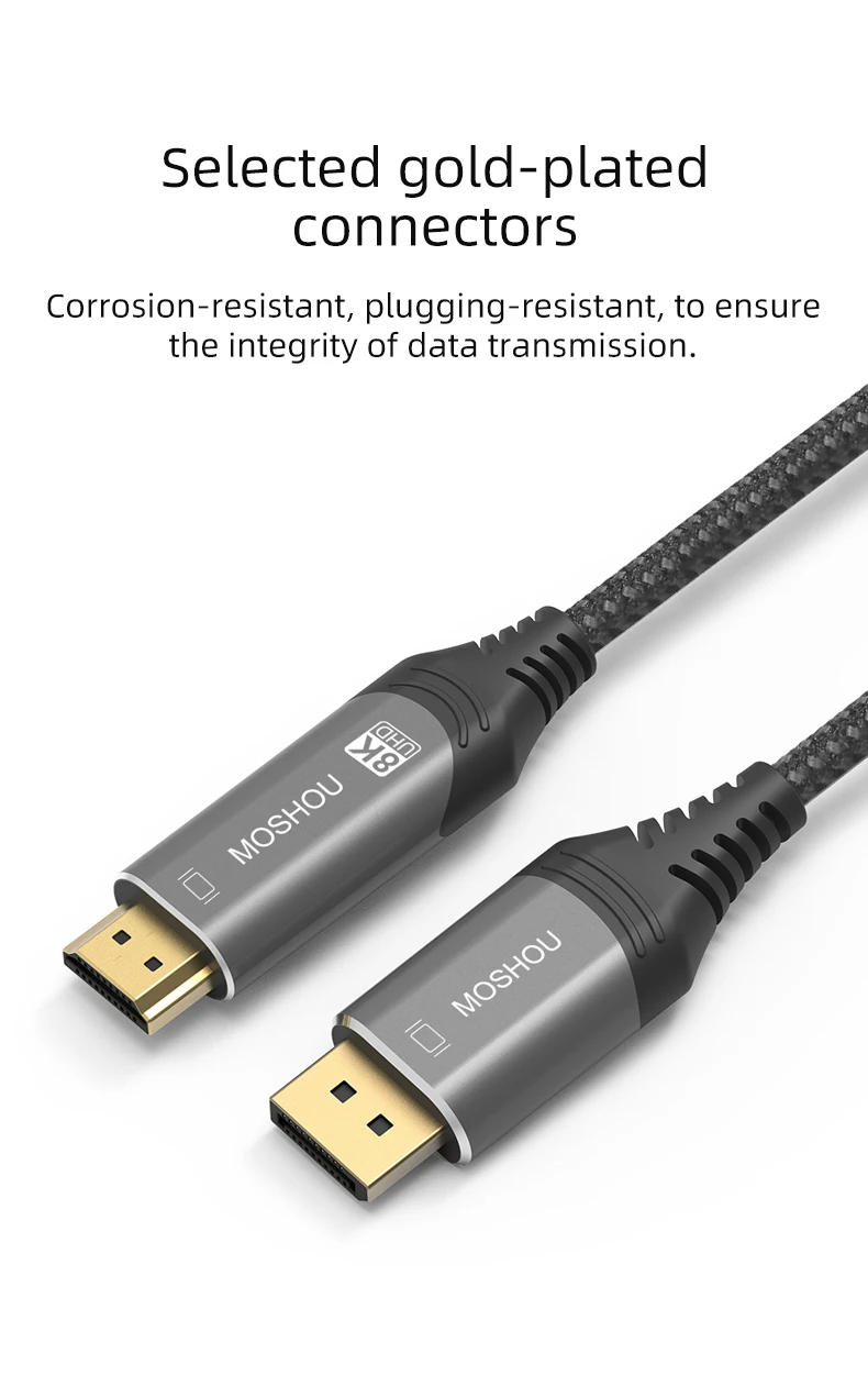 Moshou 8K DisplayPort to HDMI-compatible Cable UHD 8K@60Hz 4K@120Hz Ultra Speed 48Gbps HDR for projector HDTV DP1.4 to HD2.1