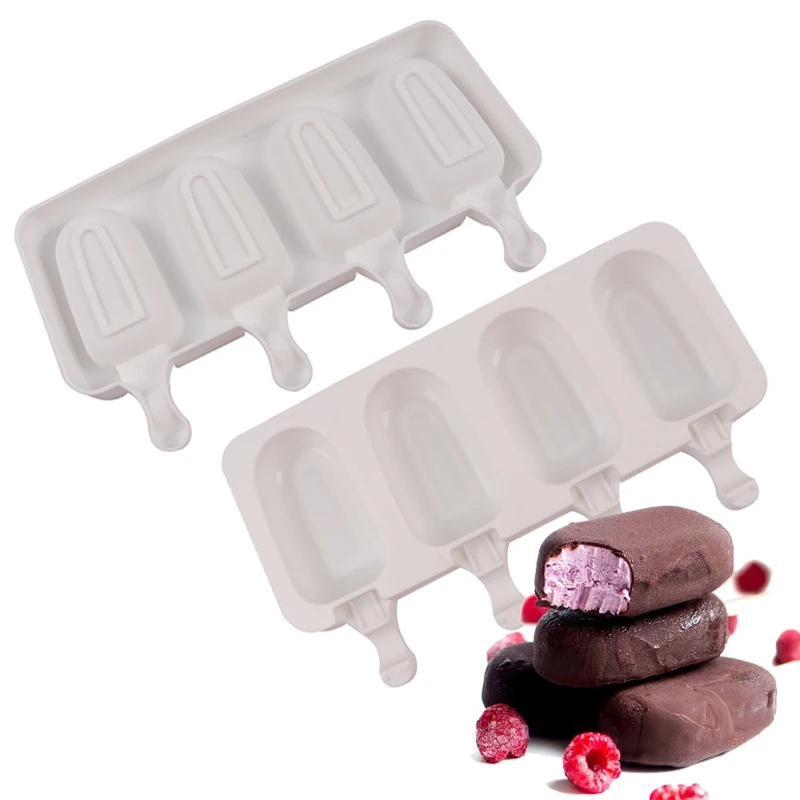 

4 Cavity Oval Silicone Ice Cream Mold for DIY Popsicle Mousse Pudding Ice Cube Tray Cakes Dessert Baking Moulds Maker Tools