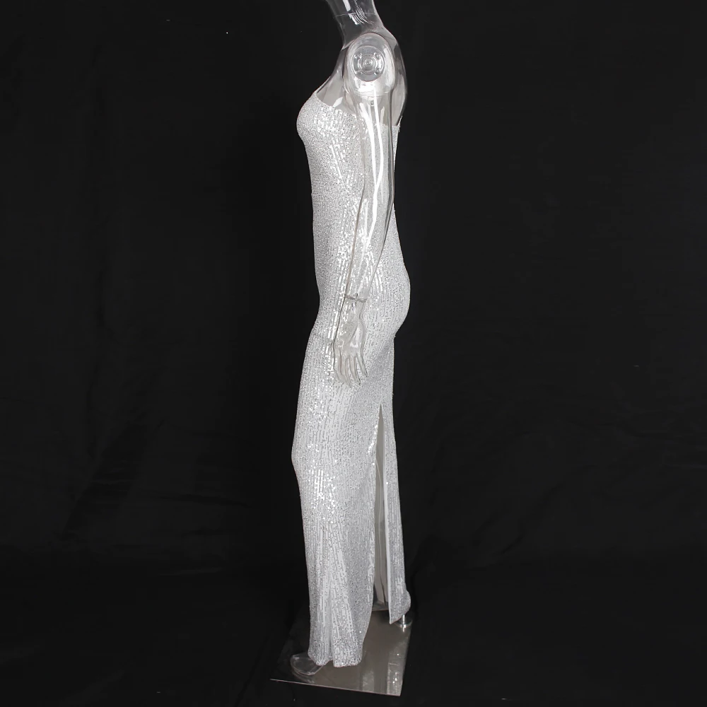 На одно плечо с открытой спиной серебряное блестящее вечернее платье с одним рукавом с разрезом сзади эластичное торжественное платье знаменитостей