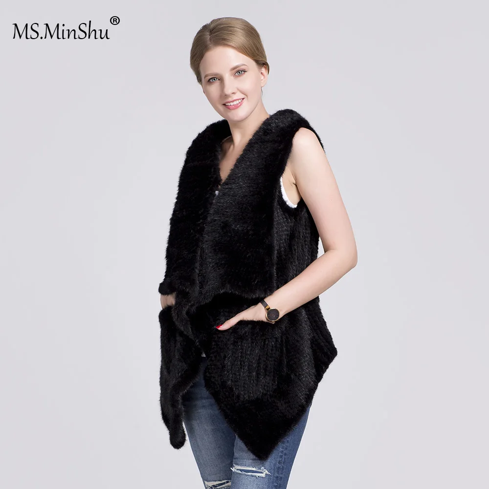 MS. Minshu, натуральный мех норки, жилет для женщин, ручная вязка, мех норки, жилет, зимний, вязаный, натуральный мех норки, жилет с карманами