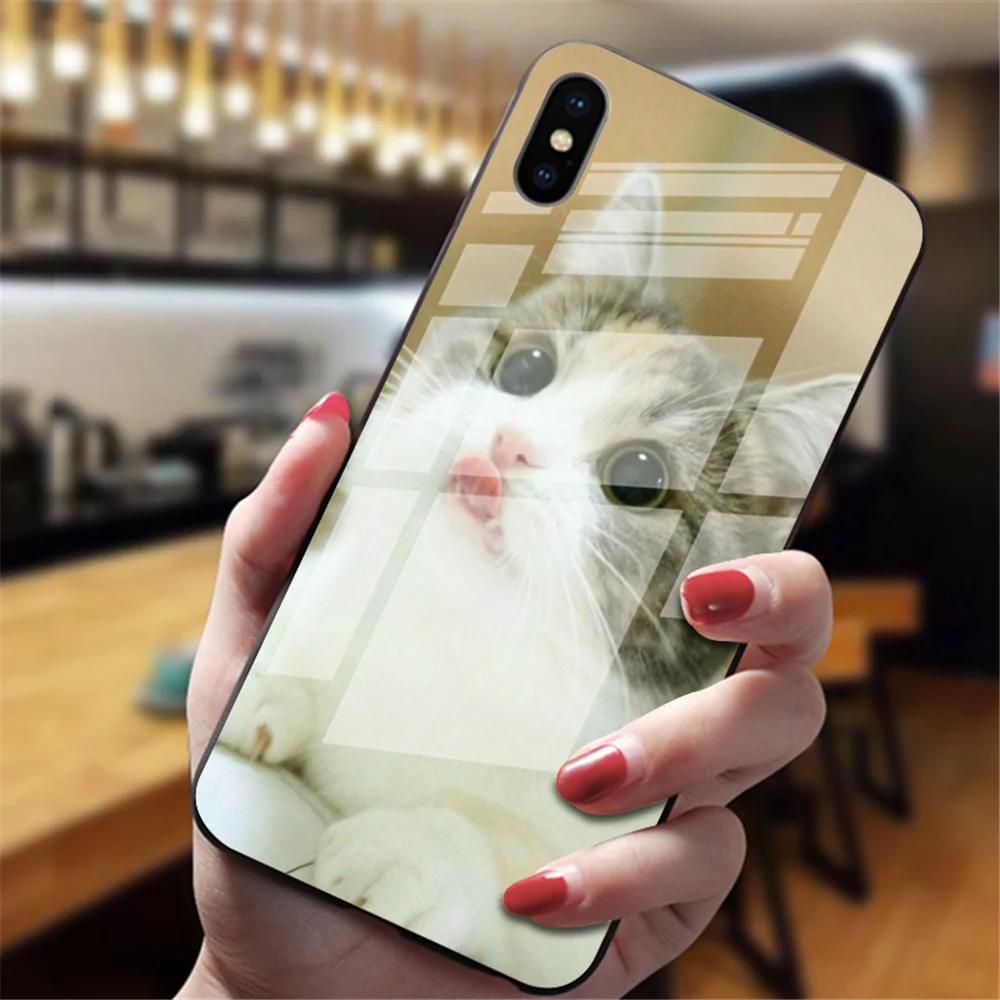 Забавная Милая задняя крышка с изображением кота для iphone XS Max XR X 5 5S 6 6S 7 8 Plus 11 Pro Max, милые чехлы из закаленного стекла - Цвет: 8060