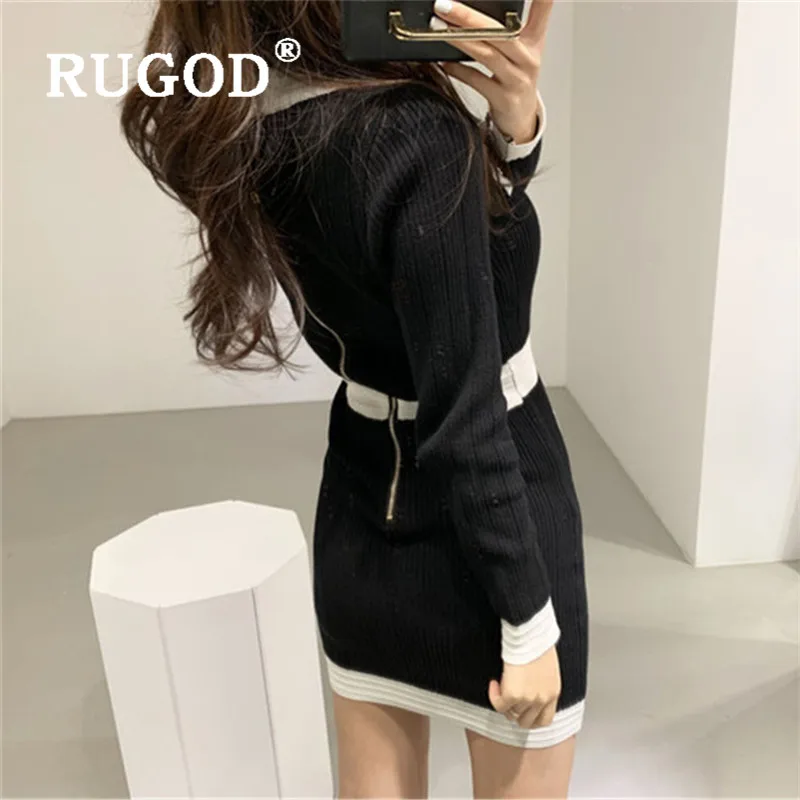 RUGOD осень зима стиль Шикарный однобортный приталенный элегантный Сбор талии платье Женская мода Kpop одежда
