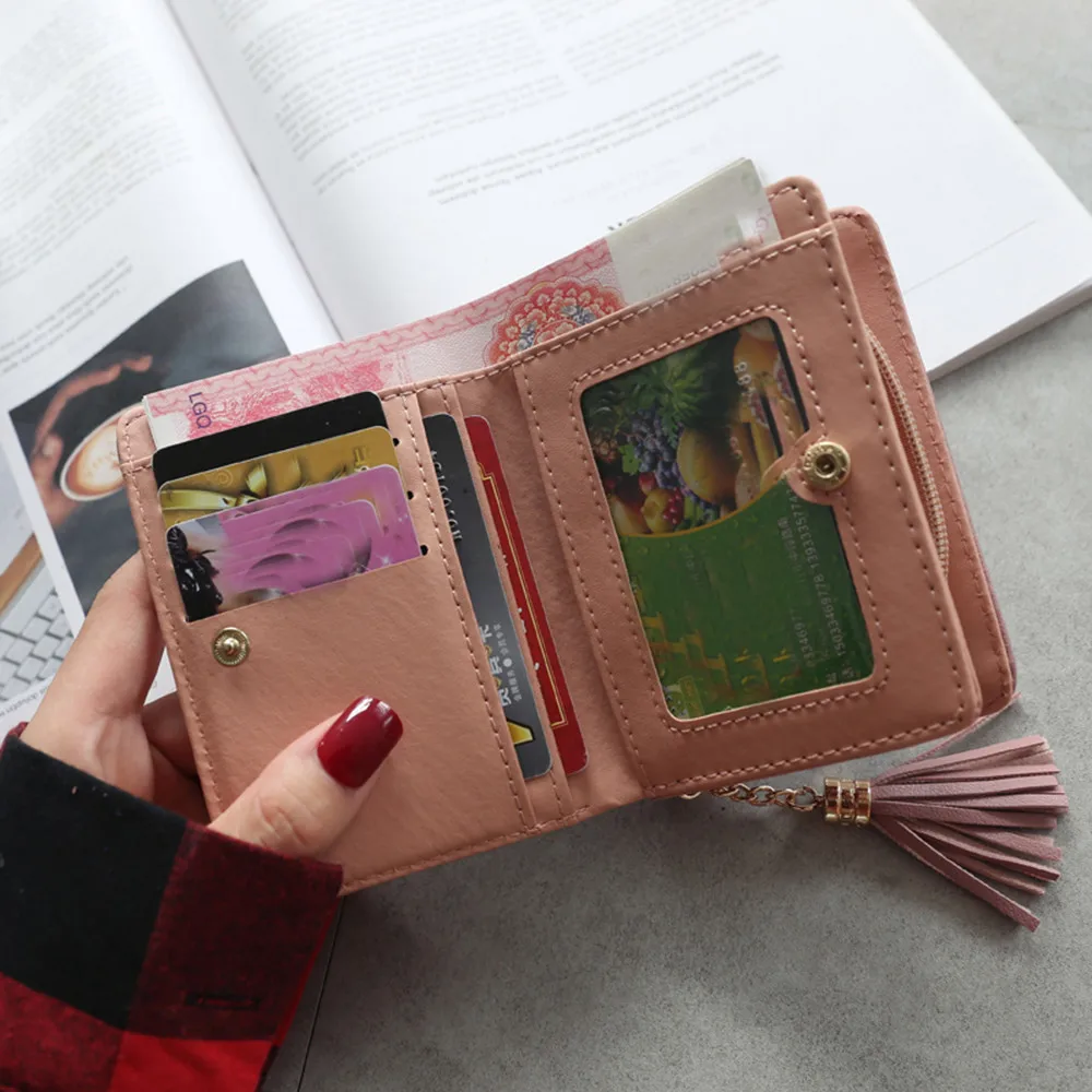 

Women Soft Leather Wallets Cat Tassel Clutches Ladies Short Wallet Cardbag Female Solid Hasp Purse Cute Money Bags For Girls