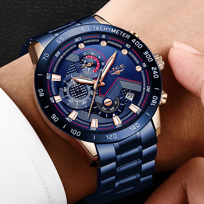 Lige New Fashion Mens Watches With Stainless Steel Top Brand Luxury Sports Chronograph Quartz-5