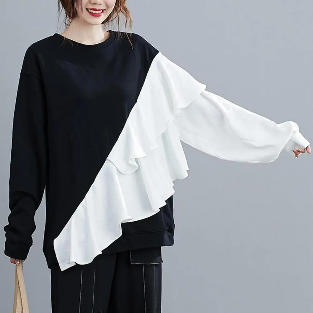 

2020 round neck long sleeve ear edge stitching Fake two sweatershirt