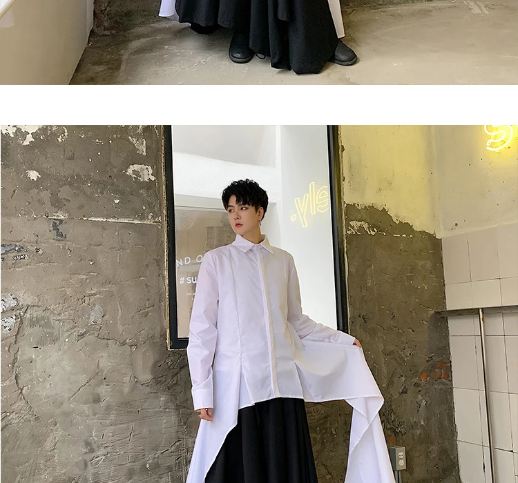 Мужские японские уличные готические рубашки с длинным рукавом неправильный дизайн повседневная черная белая рубашка Мужские Сценические костюмы