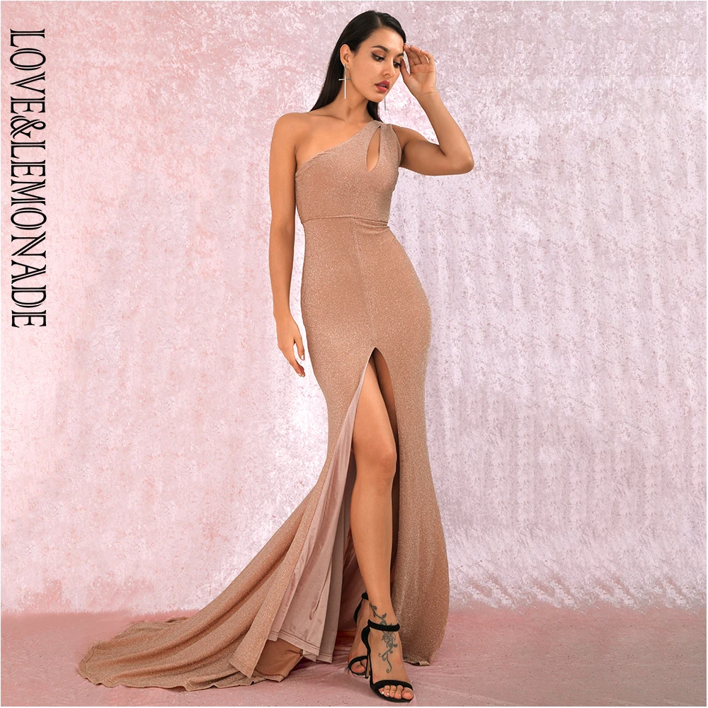 LOVE&LEMONADE Sexy Nude Cut Out One Shoulder Bodycon Whit Split Reflective Material Fishtail Shape Maxi Dress LM81921-1