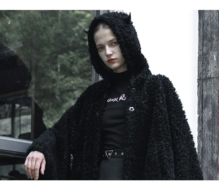 PUNKRAVE ленивый Ветер Свободный плюшевый пальто женский с капюшоном с длинными рукавами рубашка осень Темный кардиган плащ