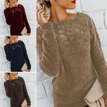 

Women Sweaters Solid Color Long Sleeve O Neck Sweaters Pullovers Floral Lace Patchwork Pullover Sweater Women's Sweaters