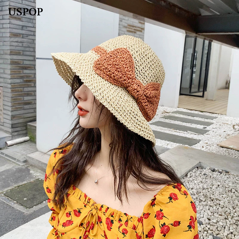 

USPOP 2020 New summer hats women straw sun hats color blocking bow beach hat breathable straw hats sun shade