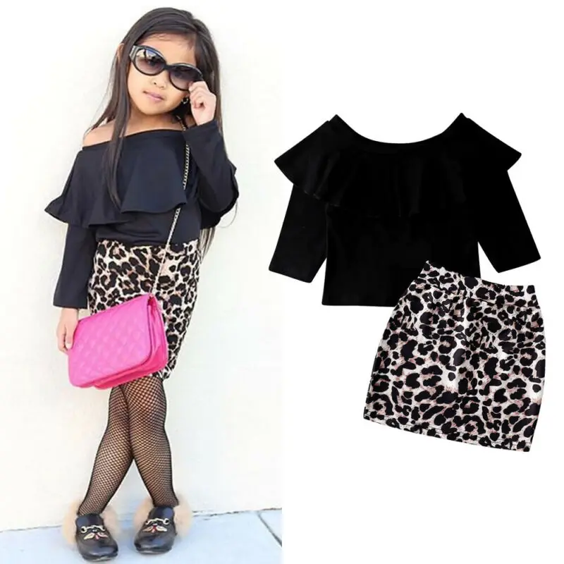 1-5T Fashion Toddler Kids Baby Girls Leopard Clothes set off Shoulder Long Sleeve Tops Skirt Dress Elegant Streetwear Outfit | Детская