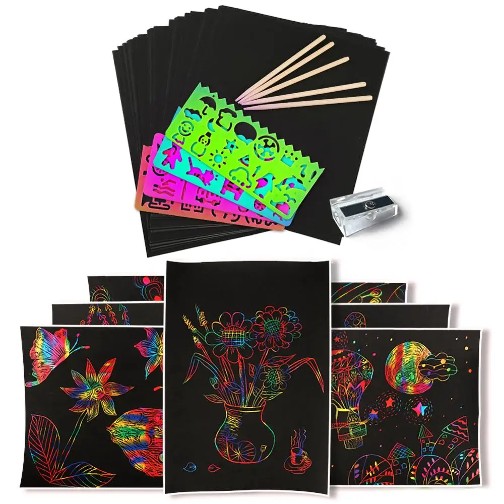 

50 Sheets Scratch DIY Art Crafts for Kids Black Paper Magic Rainbow Painting Boards with Stylus Drawing Gift for Children