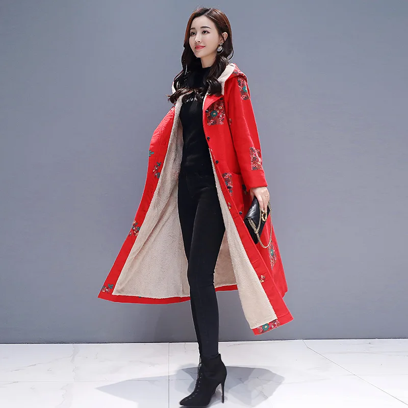 

2019 Winter New Style Cotton Linen Frog Hooded Coat Women's Ethnic-Style Large Size Loose-Fit Floral plus Velvet Long Cotton-pad