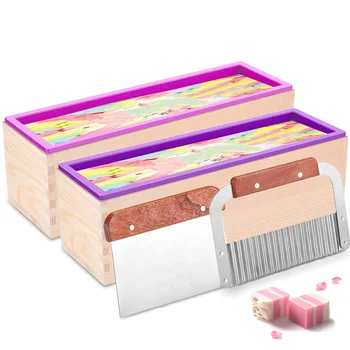 

2Pcs Silicone Soap Molds Kit - 42 Oz Rectangular Loaf Soap Mold Kit Comes with Wood Box, Wavy Straight Scraper
