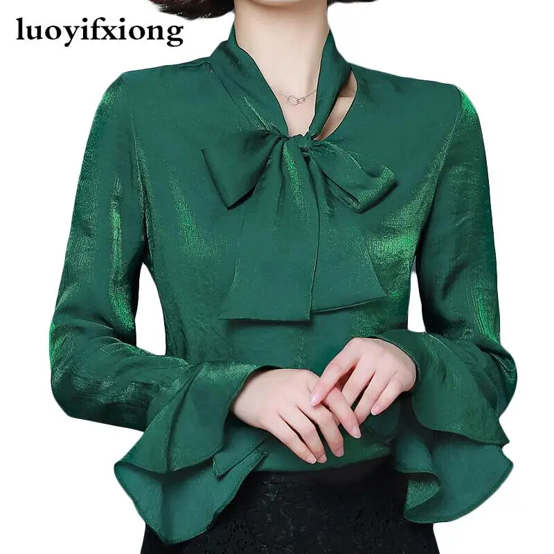 Women Blouses Fashion Flare Sleeve V-neck Bow Lace-up Chiffon Blouse Women Shirts Plus Size Womens Tops and Blouses Blusas Mujer