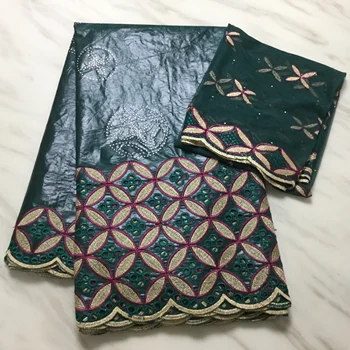 

New bazin fabric green gold wine red riche getzner cotton for wedding dress with 2 yards mesh lace fabric latest 2019 products