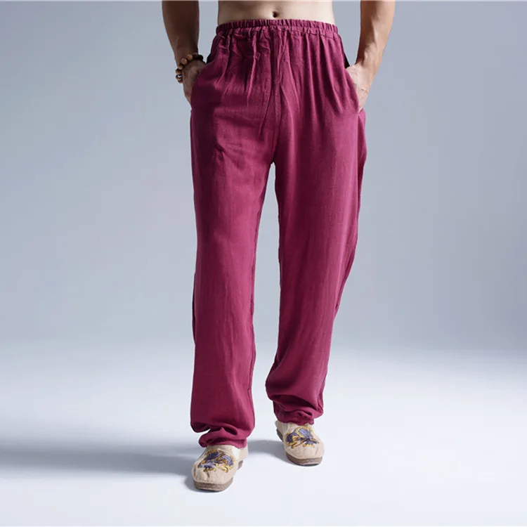 

Chinese-style Men'S Wear Flax Spring And Autumn MEN'S Trousers Meditation Practice Pants Wide Cuffless Pants Solid Color Loose-F