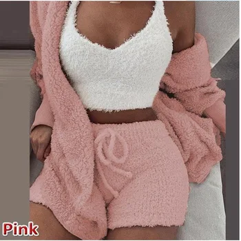 

Pajama Set Winter Pajamas for Women Long Sleeve Navel Exposed Vest Shorts Set European American Plush Home Wear Casual 3-piece