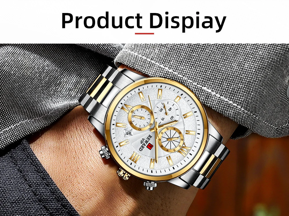 REWARD New Mens Watches Automatic Date Waterproof Clock Stainless Steel Chronograph Top Brand Men Sport Quartz Wrist Watch