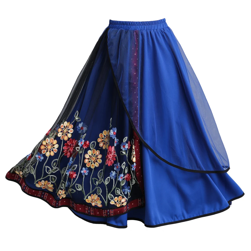 KYQIAO онлайн Китайский магазин богемные Юбки Женские Мехико стиль длинные синие Вышивка Лоскутное этнические миди юбка куртка femme