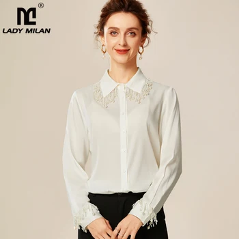 

92% Silk 8% Spandex Women's Fashion Shirt Beaded Turn Down Collar Long Sleeves Fashion Casual Blouse Tops