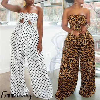 

Two Pieces Outfits for Women Polka Dot Knot Front Strapless Bandeau Crop Tops Empire Wide Leg Long Pants Summer Beach Jumpsuits