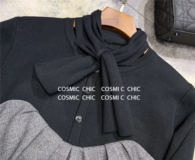 Cosmicchic Women Fake Two Pieces Long Dress Bow Scarf Collar High Waist Vintage Maxi Party Dresses Autumn Winter Warm Dress