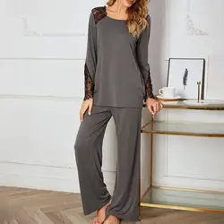 Blouse Long Sleeve Women Loose Pants Autumn Lace Patchwork Pajamas Sleepwear Set