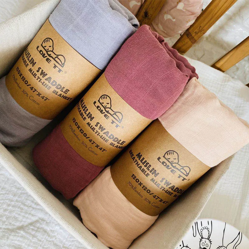 Bamboo Cotton Wrapped Muslin Blankets Bath Towel With Solid Color Dyed Wrap For Newborn Infants