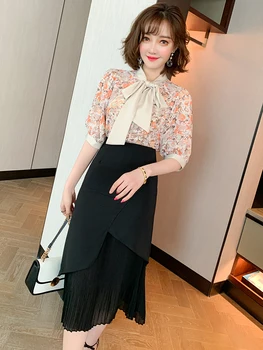 

Fashion Printing Series Leading Shirt + Mesh Stitching High Waist Hip Skirt Suit, Female Fashion Summer New