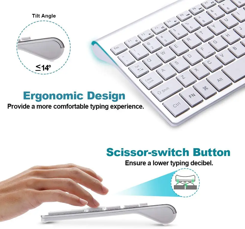 Teclado sem Fio e Mouse Layout Russo Compacto Conveniente Ultra Fino Ergonômico Prata Branco 2.4g Eua - Imagem 3