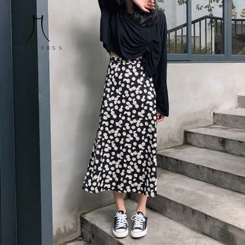 

Women Print Flower Casual Midi Skirts Vintage 2020 Summer Chiffon Female Bottoms Women Beach New Arrival Mermaid Skirts