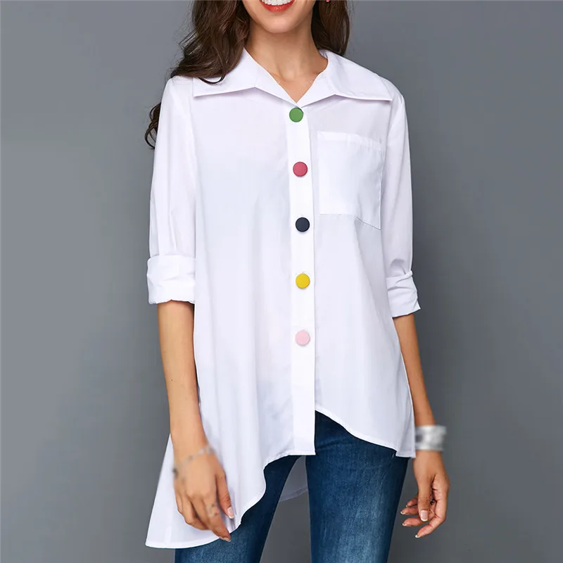 

Woman t-shirt Plus Size Women's White Shirt Top Colorful Button Anomalistic Women's Long Sleeve Summer Tunic