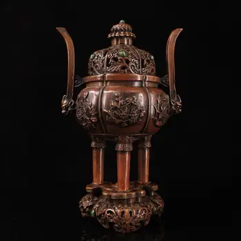 

wedding decoration Tibetan monastery collection collects old pure copper and hand-made gem-set incense burner