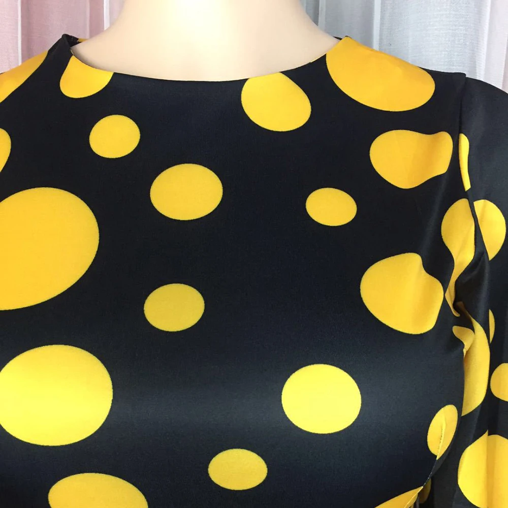 vintage plus size dress for women 3XL 4XL 5XL retro yellow polka dot print falre sleeve bodycon midi party office african dress 6