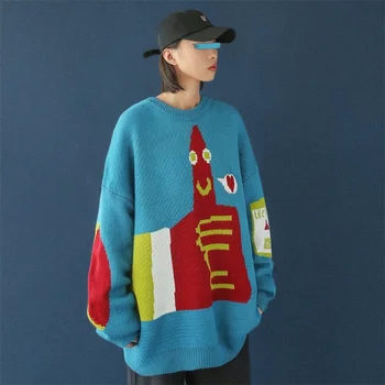 

2019 Autumn And Winter New Couple Korean Version Of The Trend Printing Sweater Fashion Casual Pullover Black / Blue M-2XL