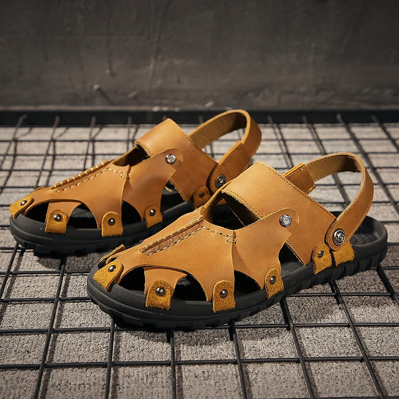 

Ozhouzhan Large Size Men Casual Leather Sandals New Style Porous Shoes Full-grain Leather Cool Handmade Taphole Fashion