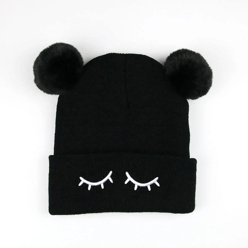 Cute Solid Embroidery Baby Hats Girl With Pompom Faux Fur Newborn Beanie Baby Infant Girl Cap Knitted Hat Ears Winter 2019