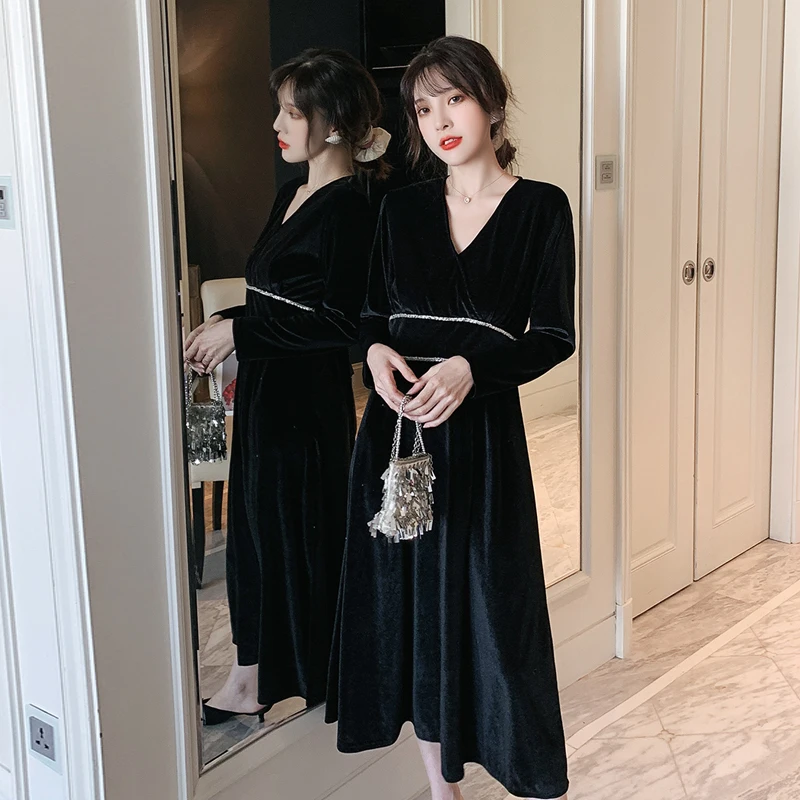 

XL-5XL Plus Size Women Korean V-Neck Loose Black Solid Mid-Calf Dress 2020 Spring Fashion Empirel Elegant Long Sleeve Dresses