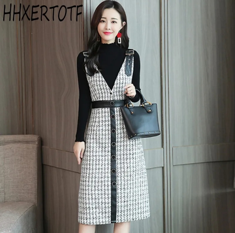 

2019 Autumn winter Women Two Piece Set Clothes Vest Woolen Dress + Long sleeve Knitted Turtleneck Sweater Casual two piece sets