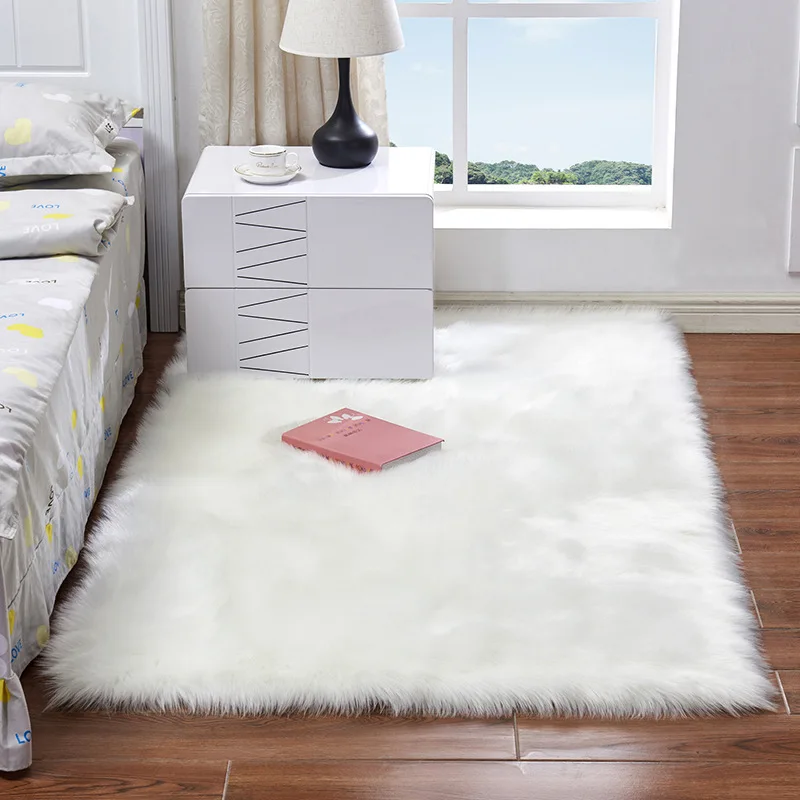 Luxury Rectangle Square Soft Artificial Wool Sheepskin Fluffy Area Rug White Fur Carpet Shaggy Long Hair Solid Mat Home Decor