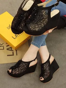 

Elexus women sandals 1702 star 2020 new lace high heels fashion luxury crystal accessory platform wedges shoes for women