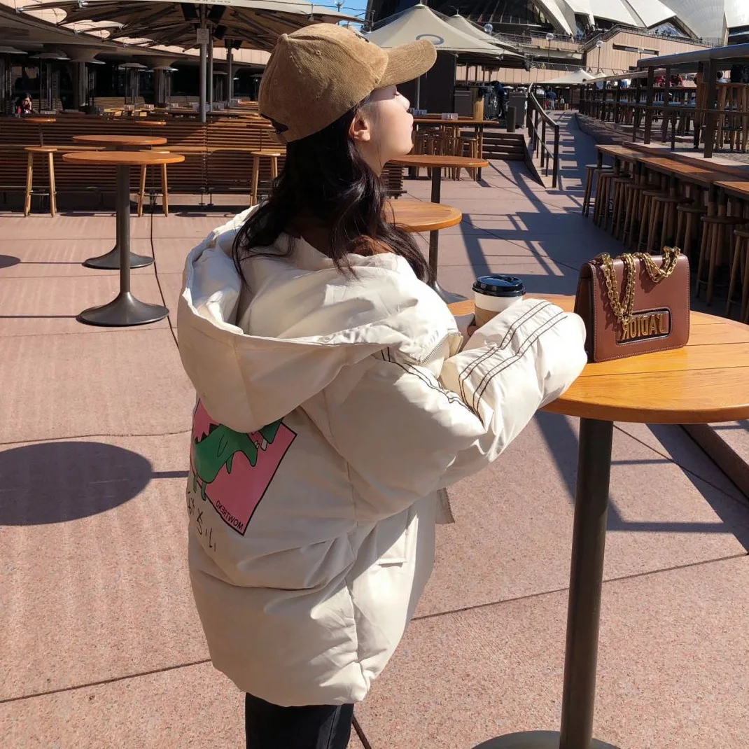 

Photo Shoot CHIC Short Two-color Little Dinosaur Printed Cute down Coat Hooded Short-height Laziness Loose-Fit Cotton-padded Clo