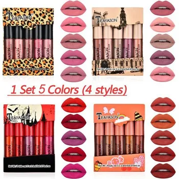 

5pcs/set Matte Lipstick Set Lip Glaze Velvet Lip Gloss Liquid Lipstick Non-stick Cup Nude Gift for Girlfriend Daily Cosmetics