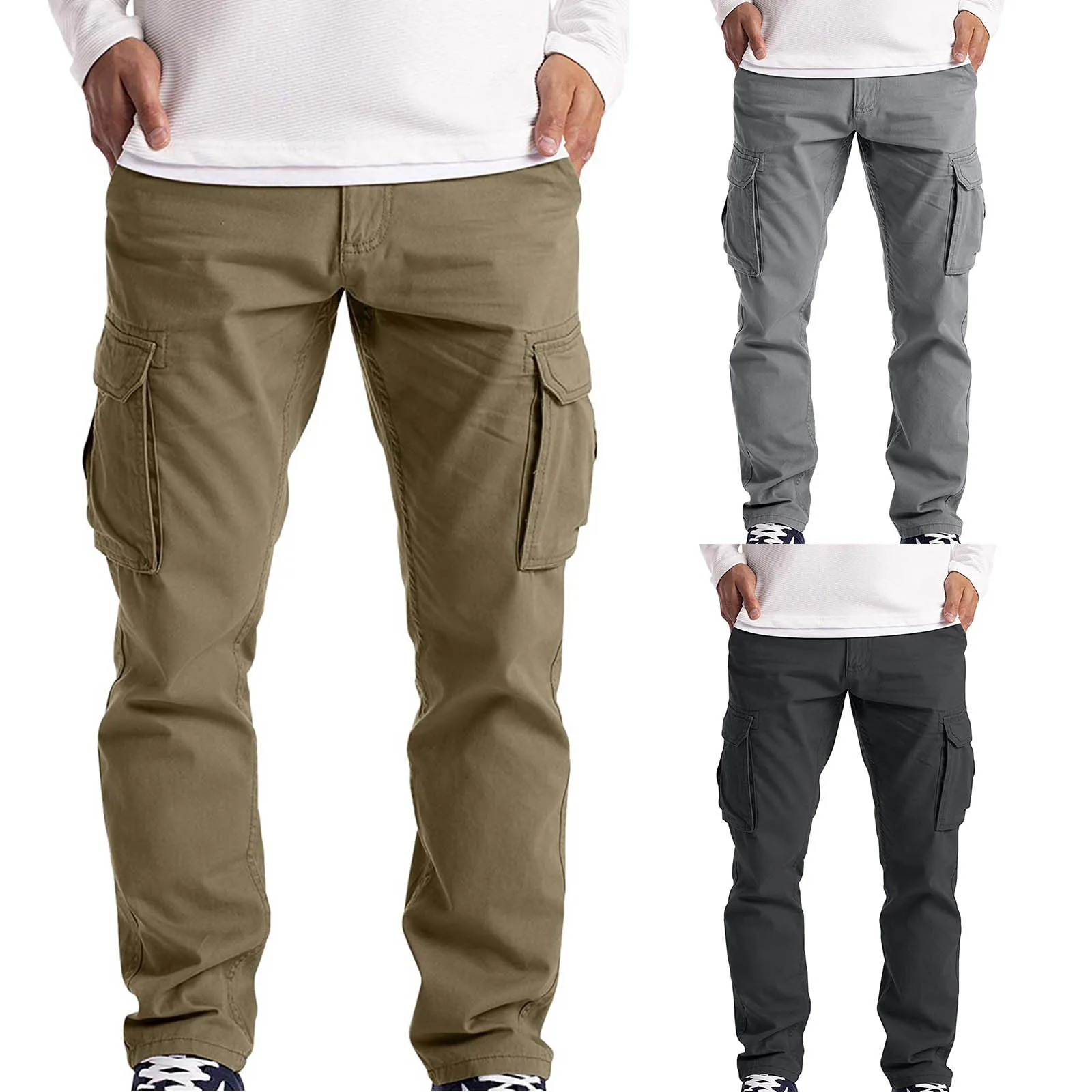 Buen valor Pantalones vaqueros de estilo Cargo para hombre, pantalón de chándal, holgado, con 6 bolsillos, cintura elástica, estilo Casual, Ropa de Trabajo 7WJoRVOVk1K